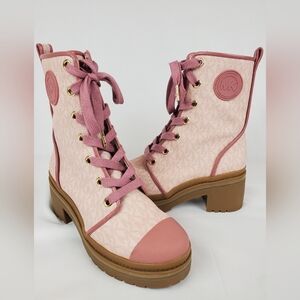 Women's Michael Kors Pink Lace Up Leather Logo Combat Boots Size 6